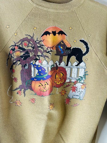 Vintage 90s Womens Small Halloween Black Cat Pumpkins Faded Crewneck Sweatshirt - Picture 3 of 7