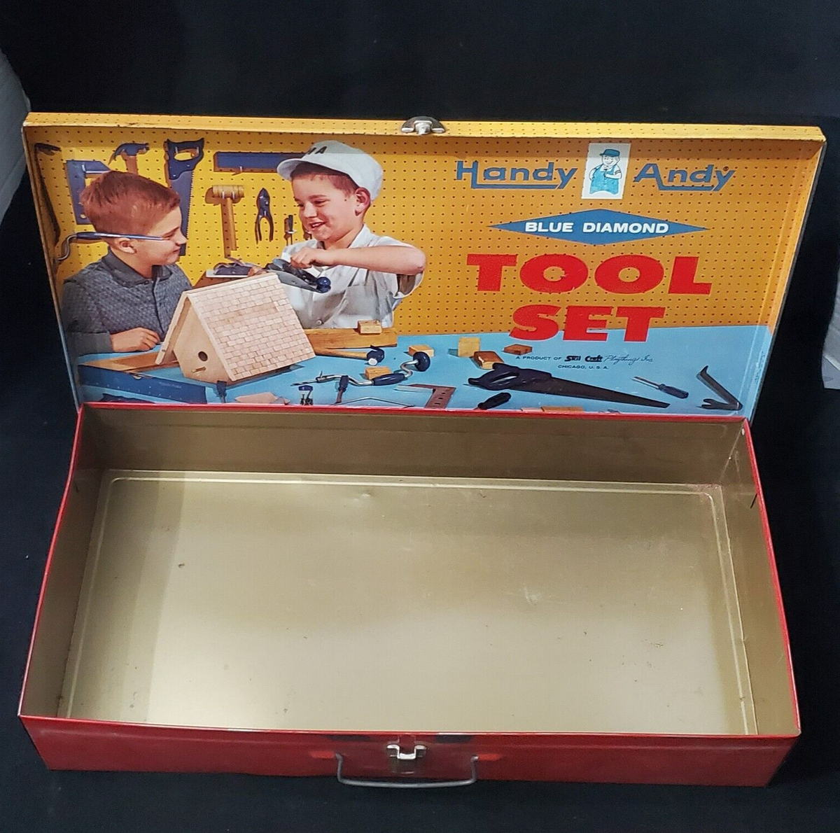 VINTAGE HANDY ANDY BLUE DIAMOND TOOL BOX SET METAL CASE NO. 650