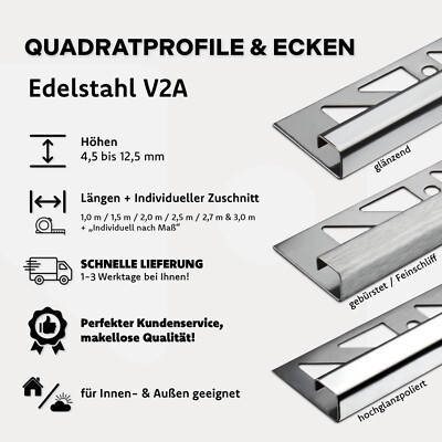 Fliesenschiene Fliesenprofil Edelstahl Quadratprofil H 6-12,5 mm L 2,5 m/250 cm