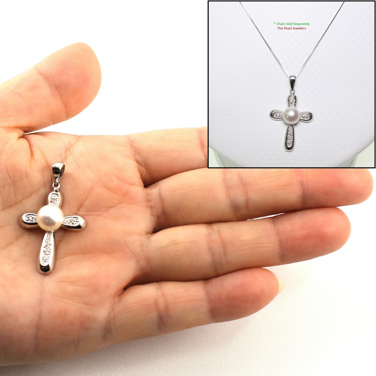 White Pearl Cross Pendant – 14k White Gold + Diamonds | eBay
