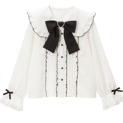Japanese Cute Girls Doll Collar Blouses Shirts School Lolita Bow Ruffles Tops