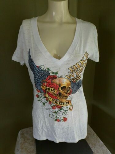 BIKE WEEK DAYTONA BEACH FLORIDA 2016 T-SHIRT * SKULL ROSES * WHITE * PETITES XL