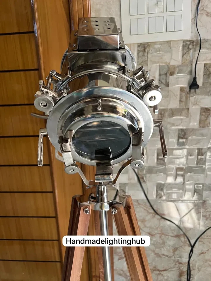 Foco Náutico Cromo Lámpara de Pie Trípode de Madera Natural Soporte Lámpara Industrial Foto 4 de 4