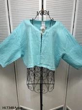 HLT348 Aqua Large NWT Match Point Linen Shirt Blouse Bolero Button NEW Blue
