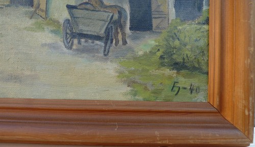 MONOGRAMA DESCONOCIDO / CARRETERA DEL PUEBLO CON CARRO DE CABALLOS / PINTURA AL ÓLEO FECHADA 1940 - Imagen 7 de 9