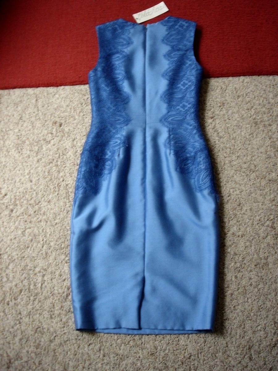 $1,595 NWT LELA ROSE Lace Embroidered Wool Silk Sheath Dress Blue Size 2 NEW