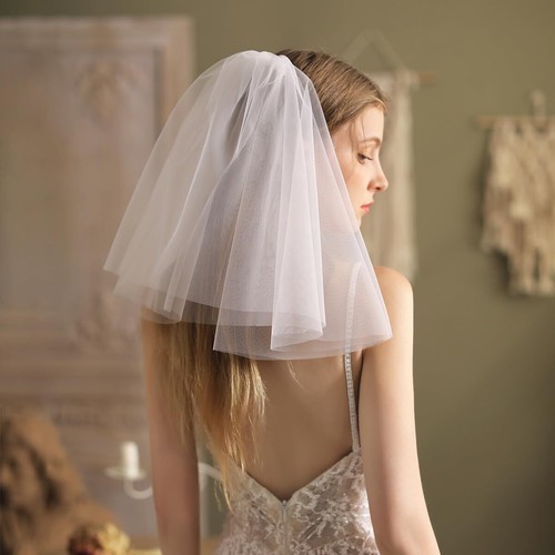 Short Bridal Veil 2 Tier White Lace veil Wedding Bride Double Layered Veil Fl... - Picture 3 of 5