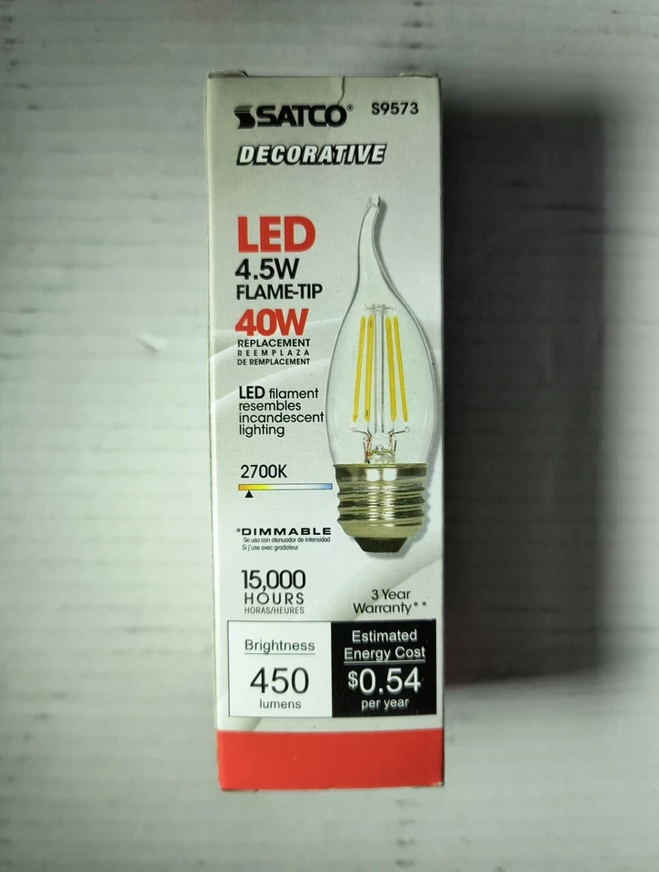 Satco LED Filament Chandelier Flame Tip 40W = 4.5W S9573 Medium Base Dimmable-2 - Image 2 of 4