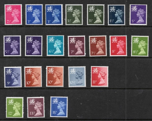 Wales. 1971-1980. W13-W34. Complete set x 22 machins. Fine unmounted mint.