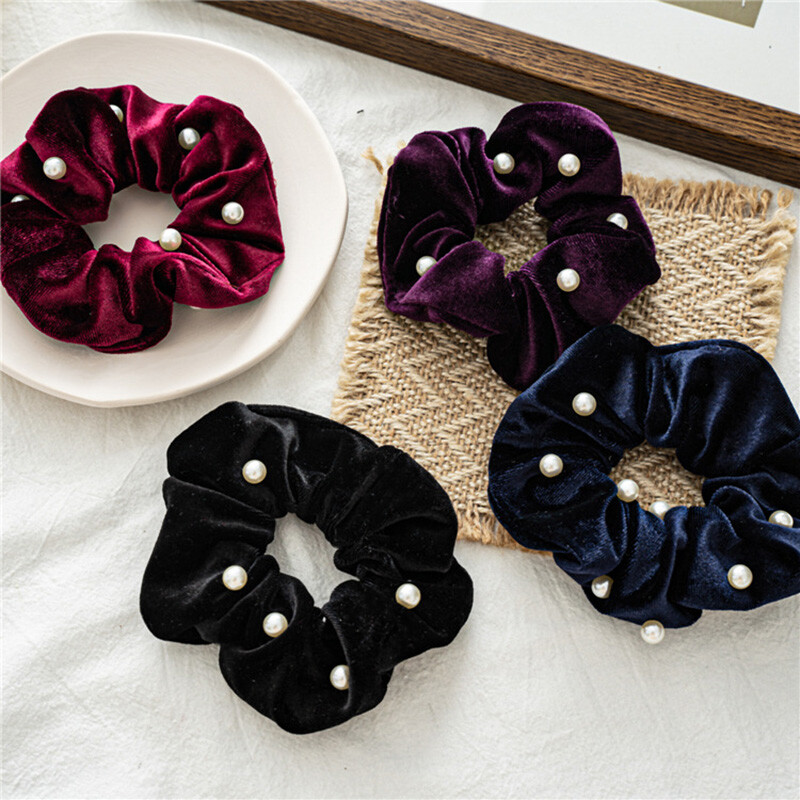 Stylish Women Flannel Pearl Elastic Scrunchies Hair Bands Rope Headwear