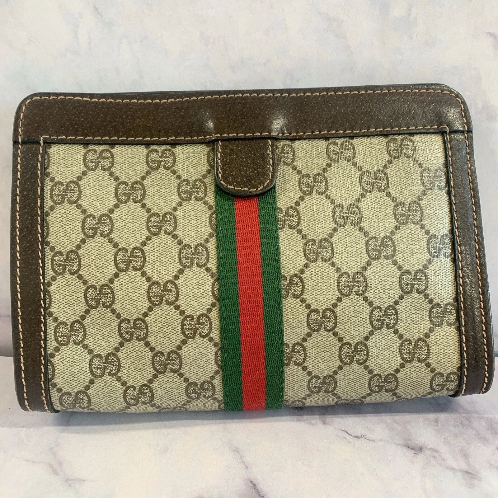 Gucci pochette vintage tela GG bordo in pelle raro design con nastro a zip