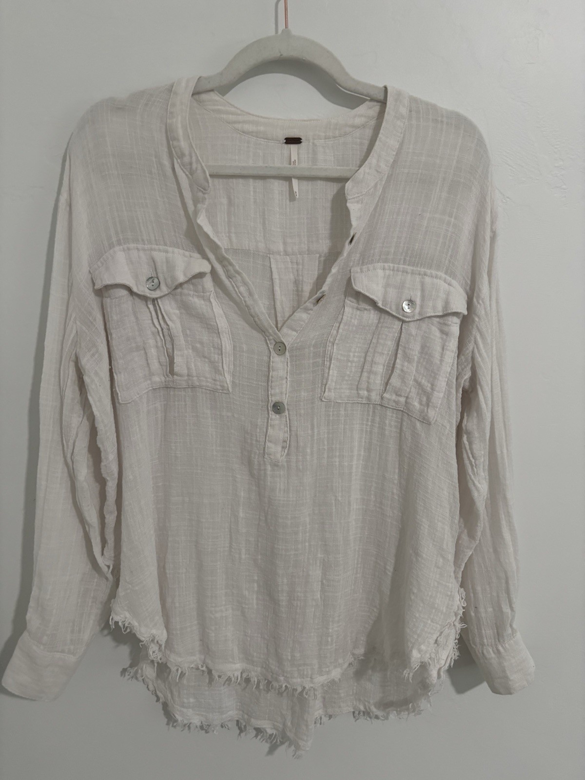 Free People Boho Gauze Top — Frayed Hem Peasant Blouse Cream Ivory | Size M