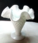 Fenton ?? Hobnail Milk Glass Vase Ruffled Edge MCM 4 Inches Tall White