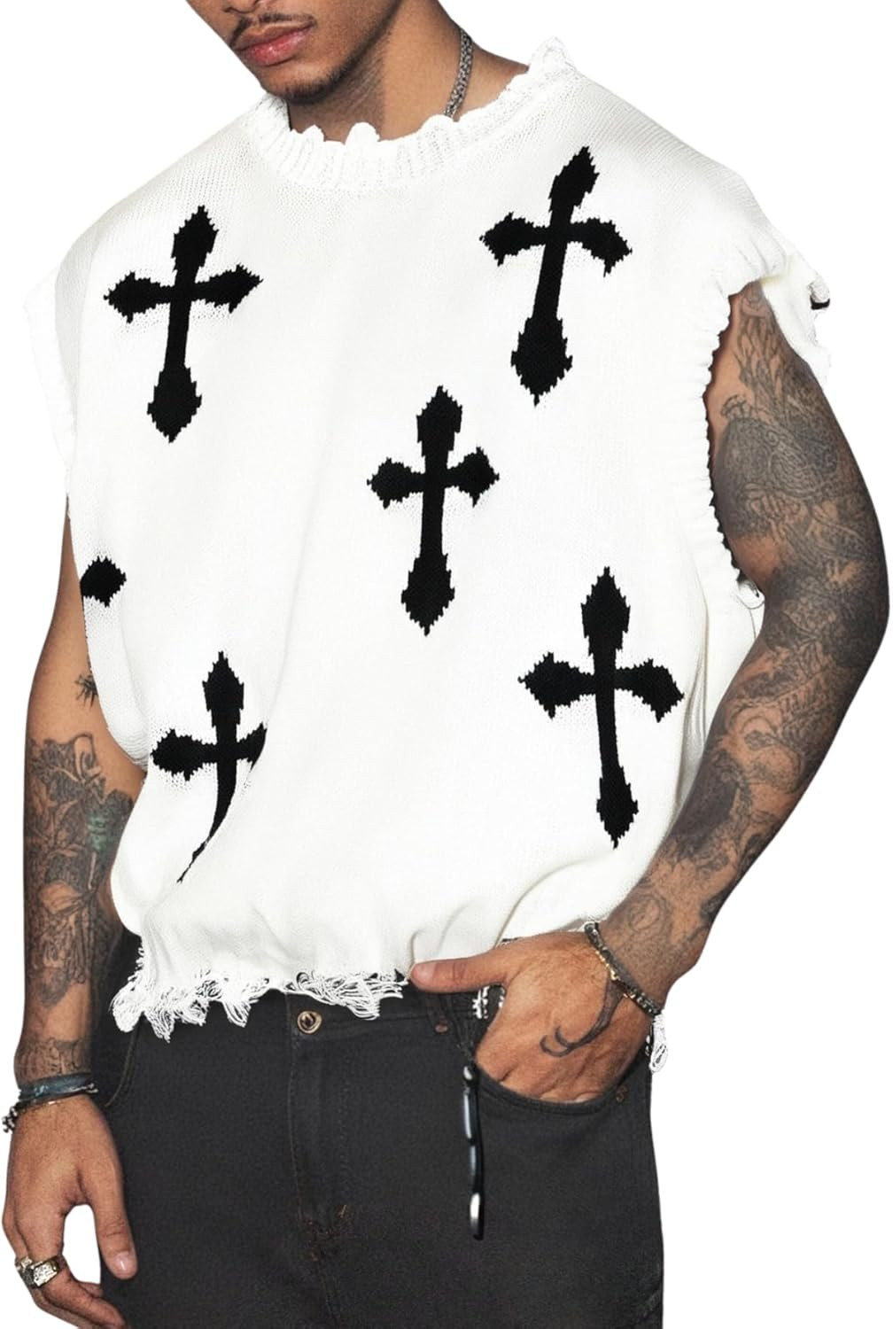 Men'S Sweater Vest Cross Print Ripped Y2K Sweaters Vintage Sleeveless Knit Tops