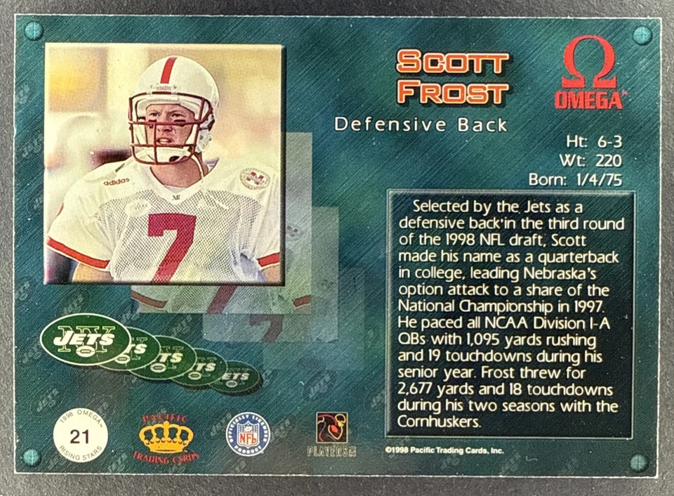 1998 Pacific Omega Rising Stars #21 Scott Frost Nebraska / NY Jets RARE RC - Image 2 of 2