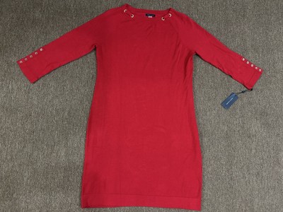 654 NWT Tommy Hilfiger Womens Red XL Knit Shift Midi Sweater Dress w/gold Accent