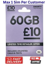 1 x NEW LATEST OFFER Smarty UK sim card 60GB-£10- 5G 4G WIFI- UNLIMITED