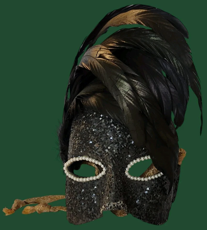 Vtg Venetian Black Glitter Pearl Eyes Carnival Large Feather Masquerade Mask EUC - Image 3 of 4