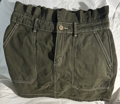 Free People Olive Green Paperbag Mini Skirt Contrast Stitch Boho Pockets Size 8