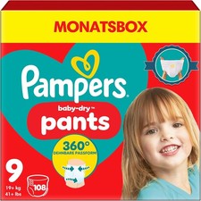 Pampers Baby-Dry Nappy Pants Size 9, 108 Nappies, 19Kg+, Monthly Pack, 360° Fit 0.24 per nappy