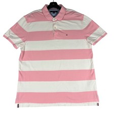 Tommy Hilfiger Mens Pink White Striped Cotton Pique Short Sleeve Polo Shirt XL