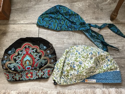 Lot of 3 Surgical Scrub Hats - KimKaps Black Blue Green Paisley Red White