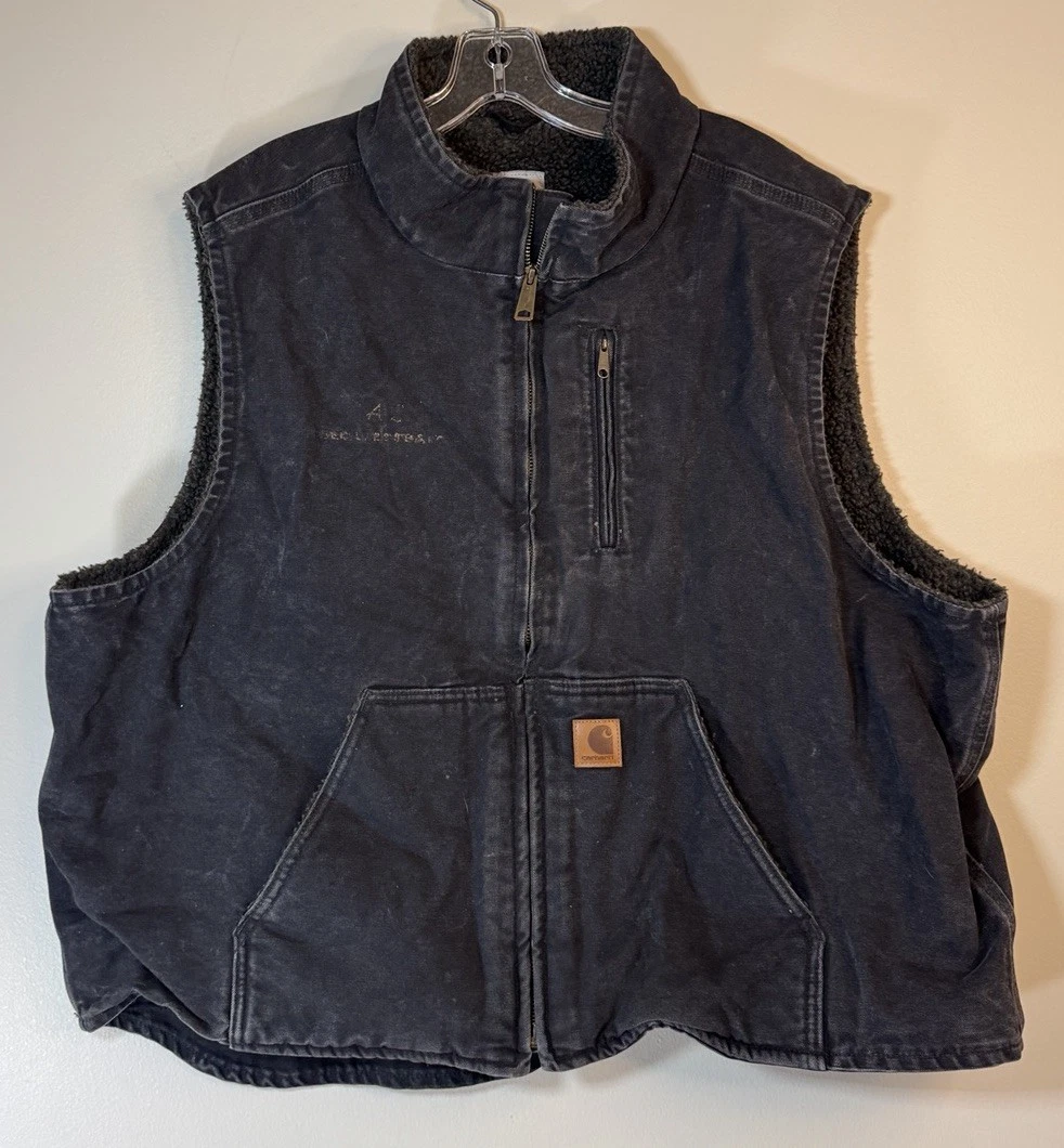 Carhartt Sherpa Lined Canvas Black Work Vest 2XL Full Zip Sleeveless Workwear