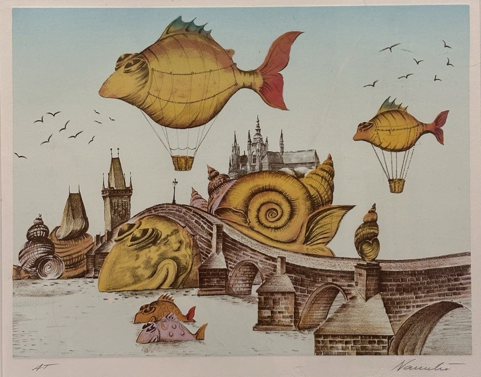 Impresión de peces surrealistas enmarcados y mate firmados originales, regalos de decoración de bellas artes raras Foto 2 de 4