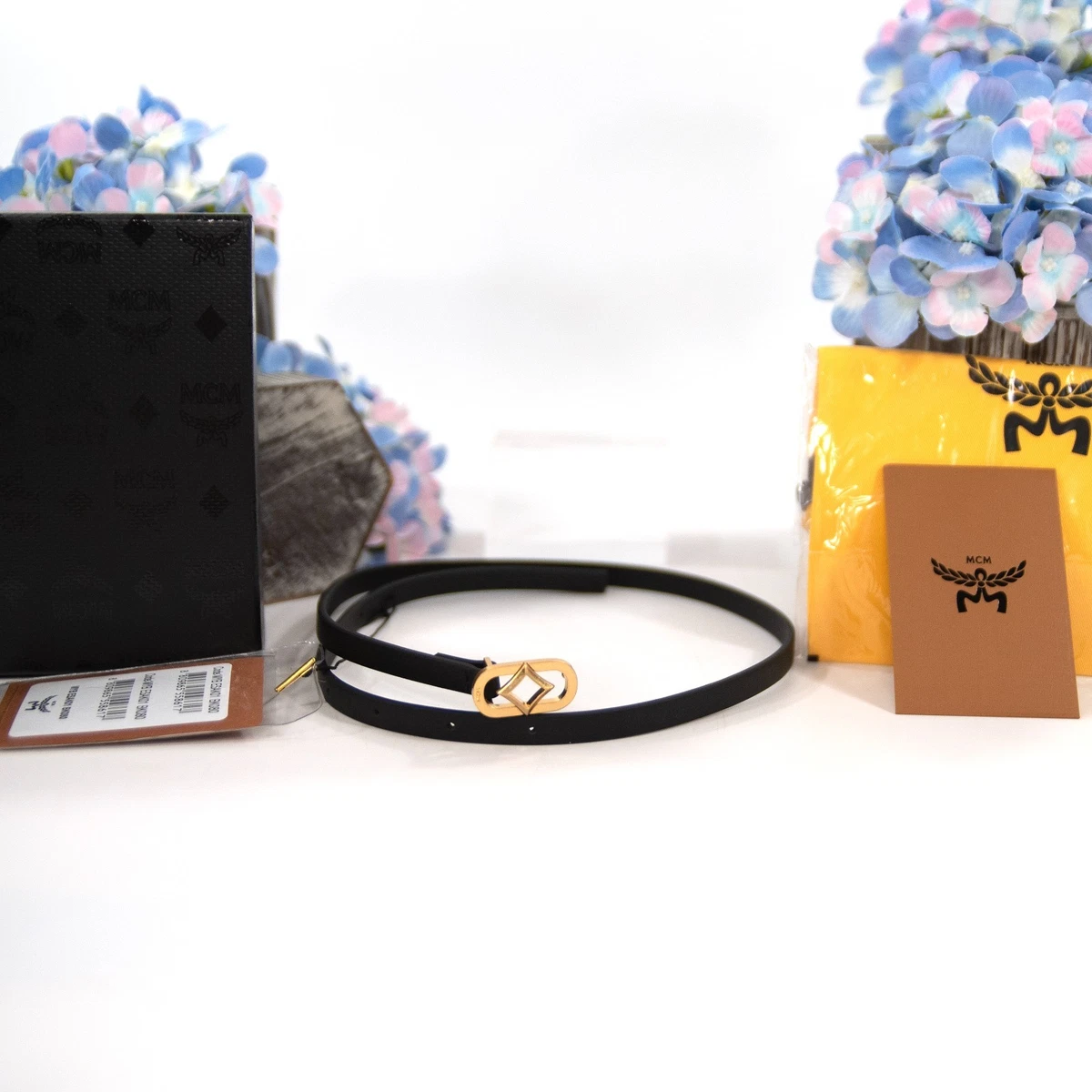 NWT- MCM Skinny Leather Belt With 24 K Gold Plated Diamond Buckle MCM Leather & Coated Canvas Reversible Belt with 24k Gold  main image 4