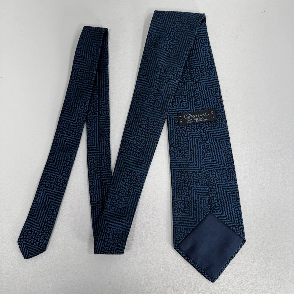 Gravata masculina listrada azul em ziguezague Charvet Place Vendome feita na França - Imagem 3 de 4