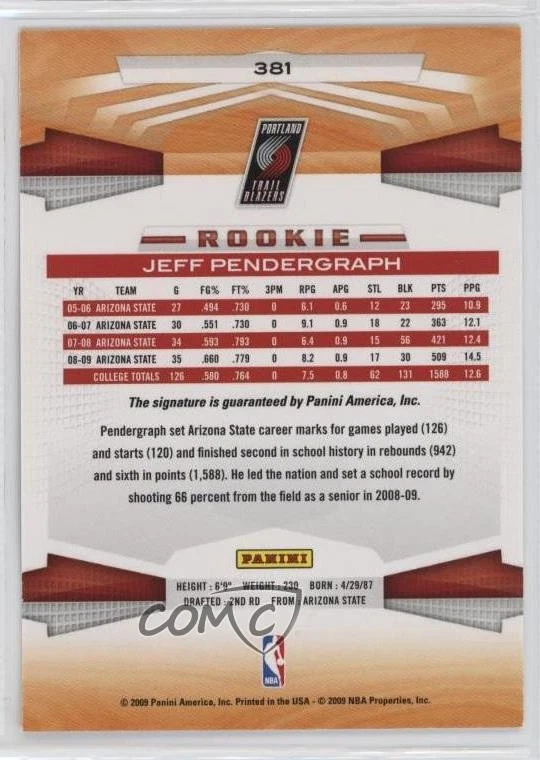 2009-10 Panini Rookie Inscriptions Jeff Pendergraph #381 Rookie Auto RC - Image 2 of 2
