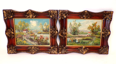 Pair Original LAVERA POHL Framed Oil Paintings, Country Cottage River Landscape
