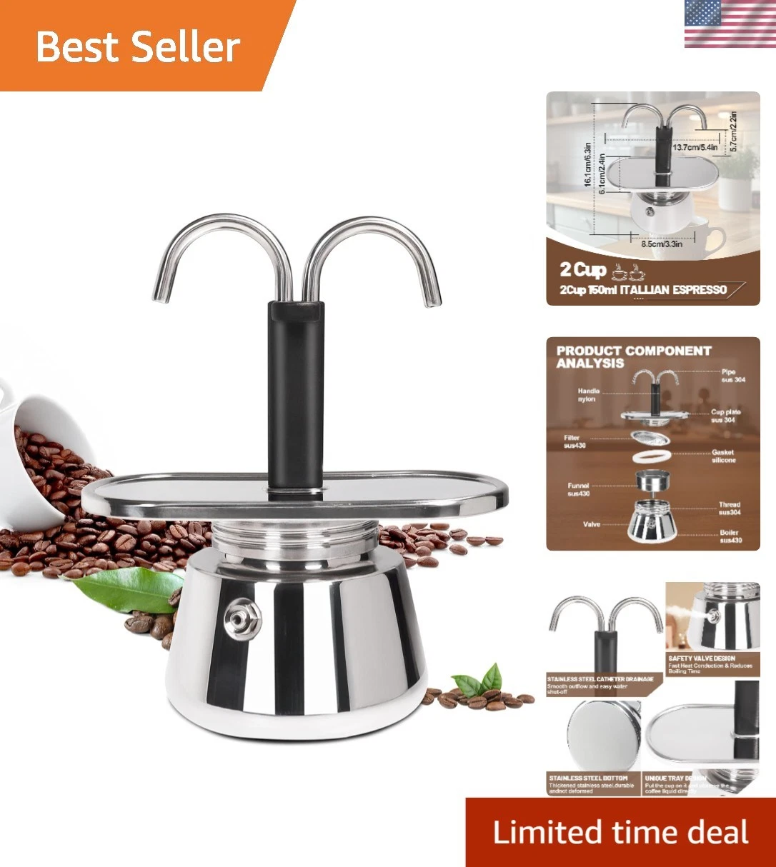 Stainless Steel Coffee Maker Moka Pot Espresso Maker for Induction 2 Cups
Opens in a new window or t