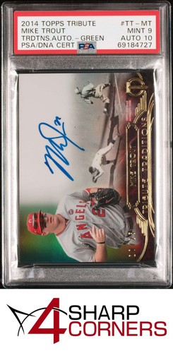 2014 TOPPS TRIBUTE TRADITIONS AUTO GREEN #TT-MT MIKE TROUT PSA 9 DNA AUTO 10