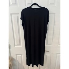 Eileen Fisher Black Jersey Knit Crew Neck Midi Shift Dress size Small Side Slits