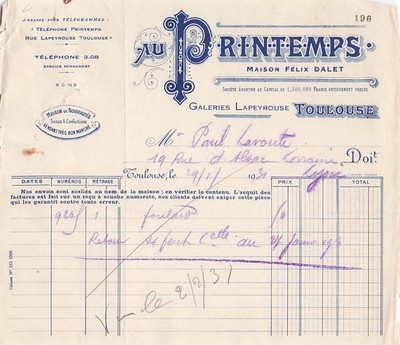 31 TOULOUSE department store SPRING 1931 invoice