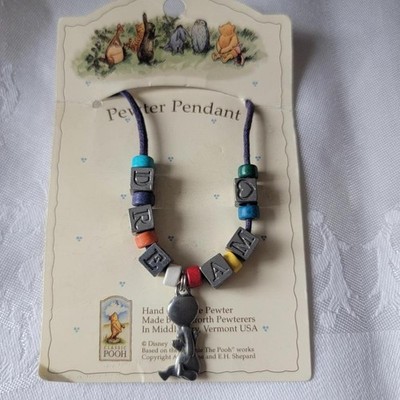 Vintage Danforth Pewter Winnie Pooh Pendant Dream Blocks Cord Necklace