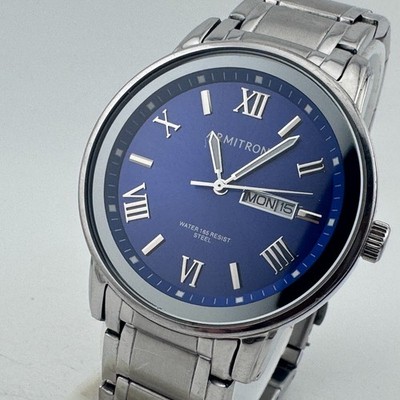 Armitron Quartz Watch 20/4935 Men 50m Silver Blue Steel Day Date New Batter 7.5''