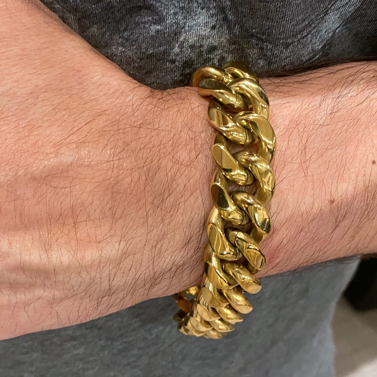 Men s 24K Gold Plated Bracelet Heavy Solid Stainless Steel Miami Cuban 18MM 9.5