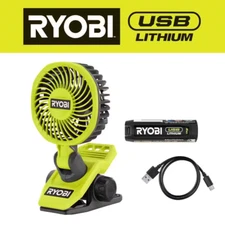 NEW Ryobi Clamp Adjustable Fan Kit 2.0Ah USB Lithium Battery and Charging Cable