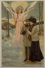 Angel In Pink Dress Over Couple In Winter Embossed New Year German Postcard