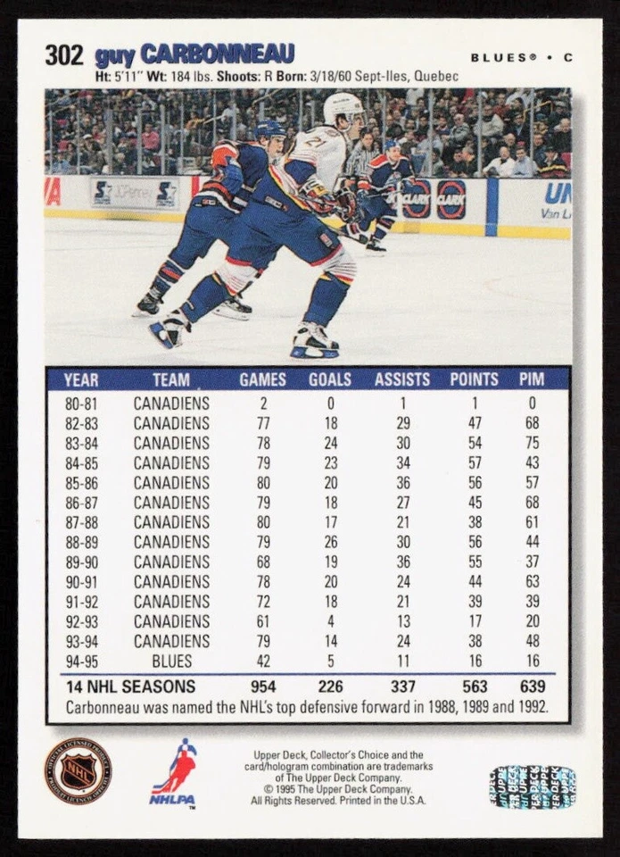 Guy Carbonneau 1995-96 Collector's Choice Player's Club #302 - St. Louis Blues - Image 2 of 2