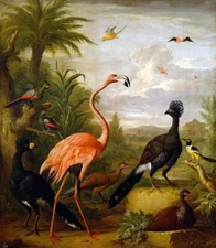 Oil painting Flamingo parrot forest Birds-in-a-Landscape-Jakob-Bogdány handmade