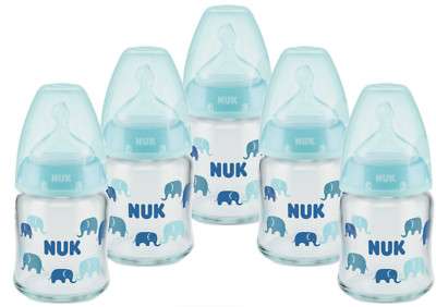 NUK First Choice 5 x Glas Baby  Flaschen mit Temperature Control 120 ml blau