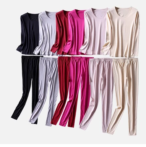 Women's pure silk thermal underwear set long John base top and bottom set- - Picture 4 of 28