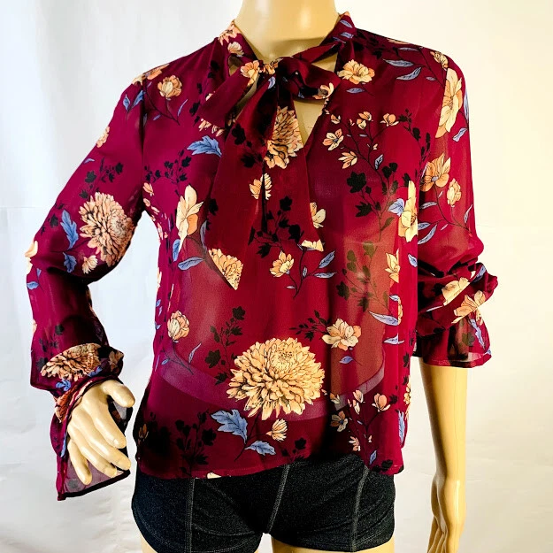 Forever 21 Ladies M Medium Shirt Top Gathered Ruffled Sleeve Floral Blouse