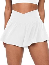 Crossover Flowy Shorts for Women 2 in 1 Athletic Butterfly Small, White