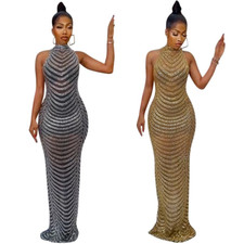 Sexy Womens Backless Rhinestone See-through Nightclub Formal Party Evening Dress