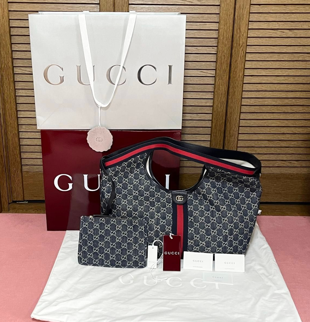 Auth GUCCI GG Denim Giglio Large Hobo Tote Shoulder Bag Canvas
