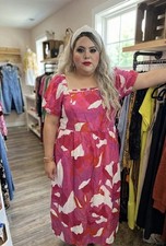 Pink White Floral Puff Sleeve Midi Dress Square Neck Fit  Flare Ruffle Accent